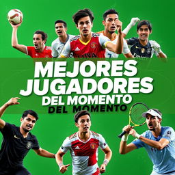 Create a YouTube thumbnail with the title 'Mejores Jugadores del Momento' featuring various top athletes