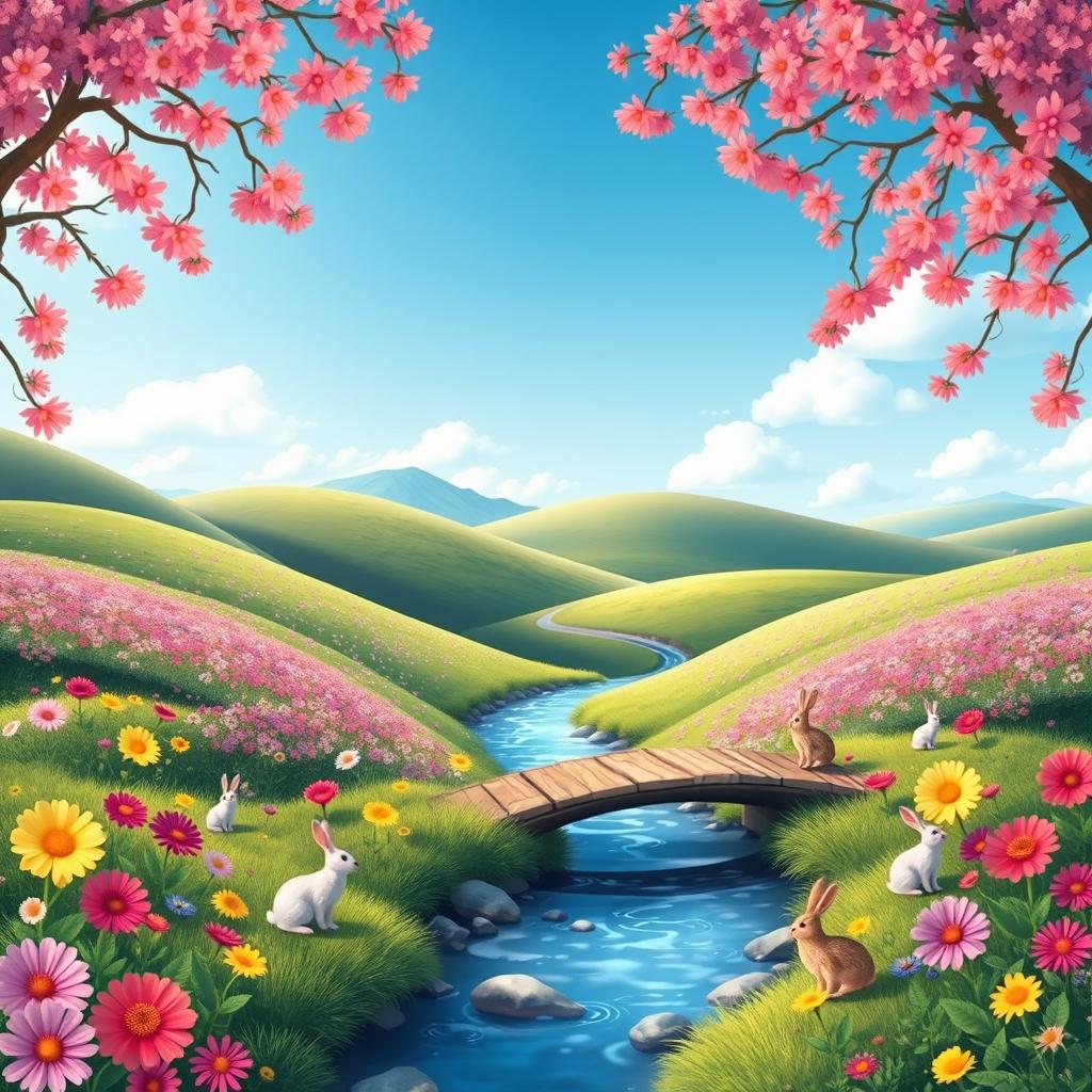 Generate a whimsical and vibrant image featuring a beautiful landscape with rolling hills, a clear blue sky, and a variety of colorful flowers in full bloom