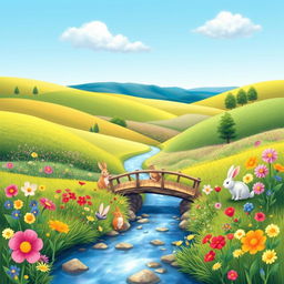 Generate a whimsical and vibrant image featuring a beautiful landscape with rolling hills, a clear blue sky, and a variety of colorful flowers in full bloom