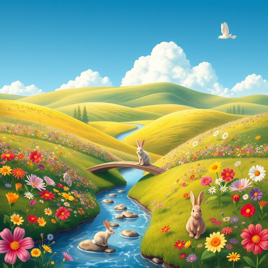 Generate a whimsical and vibrant image featuring a beautiful landscape with rolling hills, a clear blue sky, and a variety of colorful flowers in full bloom