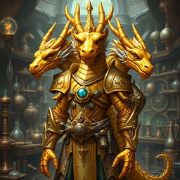 A majestic golden three-headed dragonborn artificer, standing tall with intricate armor and magical gadgets