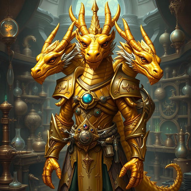 A majestic golden three-headed dragonborn artificer, standing tall with intricate armor and magical gadgets