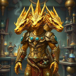 A majestic golden three-headed dragonborn artificer, standing tall with intricate armor and magical gadgets