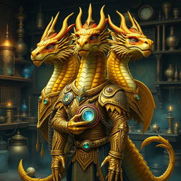 A majestic golden three-headed dragonborn artificer, standing tall with intricate armor and magical gadgets