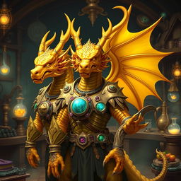 A majestic golden three-headed dragonborn artificer, standing tall with intricate armor and magical gadgets