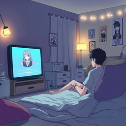 Un chico y una chica manga escuchando música en el televisor en una habitación en la noche