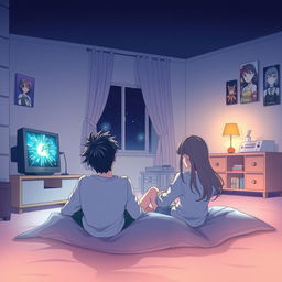 Un chico y una chica manga escuchando música en el televisor en una habitación en la noche