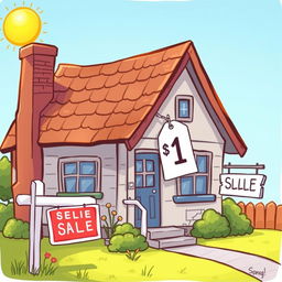 A whimsical illustration of a house with a price tag of 1 dollar