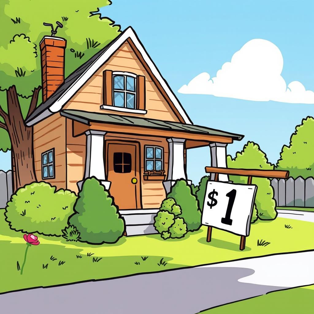 A whimsical illustration of a house with a price tag of 1 dollar