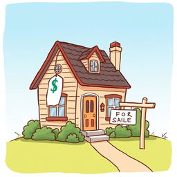 A whimsical illustration of a house with a price tag of 1 dollar