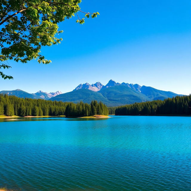 A beautiful landscape featuring a serene lake surrounded by lush green trees and mountains in the background under a clear blue sky