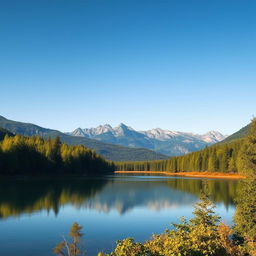 A beautiful landscape featuring a serene lake surrounded by lush green trees and mountains in the background under a clear blue sky