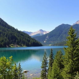 A beautiful landscape featuring a serene lake surrounded by lush green trees and mountains in the background under a clear blue sky