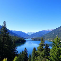 A beautiful landscape featuring a serene lake surrounded by lush green trees and mountains in the background under a clear blue sky