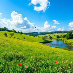 A serene landscape featuring a lush green meadow, a clear blue sky with fluffy white clouds, and a gently flowing river