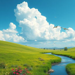 A serene landscape featuring a lush green meadow, a clear blue sky with fluffy white clouds, and a gently flowing river