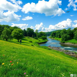 A serene landscape featuring a lush green meadow, a clear blue sky with fluffy white clouds, and a gently flowing river