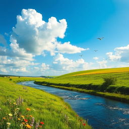 A serene landscape featuring a lush green meadow, a clear blue sky with fluffy white clouds, and a gently flowing river