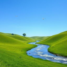 A serene landscape with a clear blue sky, gentle rolling hills covered in lush green grass, and a sparkling river flowing through the middle