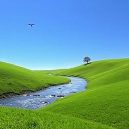 A serene landscape with a clear blue sky, gentle rolling hills covered in lush green grass, and a sparkling river flowing through the middle