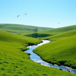 A serene landscape with a clear blue sky, gentle rolling hills covered in lush green grass, and a sparkling river flowing through the middle