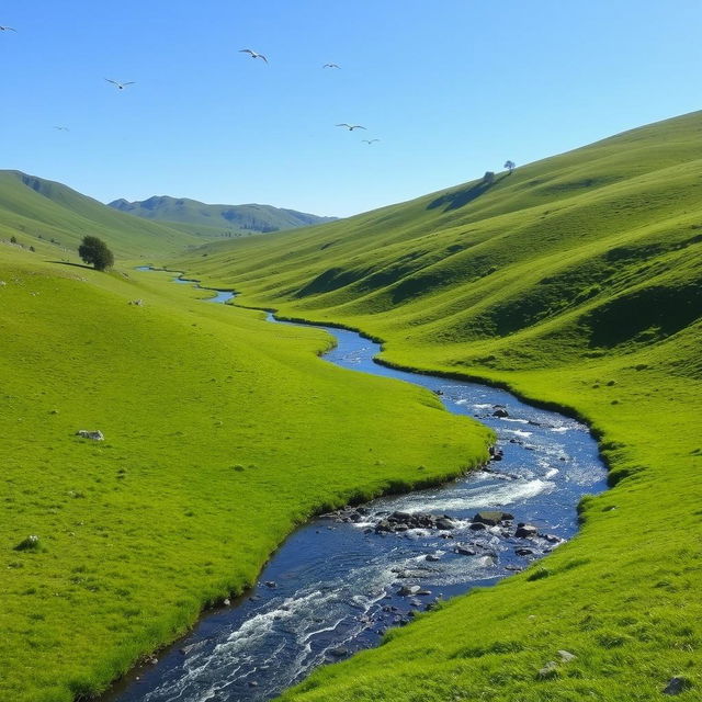 A serene landscape with a clear blue sky, gentle rolling hills covered in lush green grass, and a sparkling river flowing through the middle