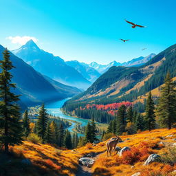 Create an image that is vibrant and colorful, featuring a scenic landscape with mountains, a river, and a clear blue sky