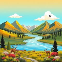 Create an image that is vibrant and colorful, featuring a scenic landscape with mountains, a river, and a clear blue sky