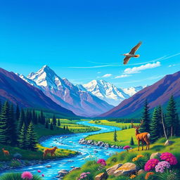 Create an image that is vibrant and colorful, featuring a scenic landscape with mountains, a river, and a clear blue sky