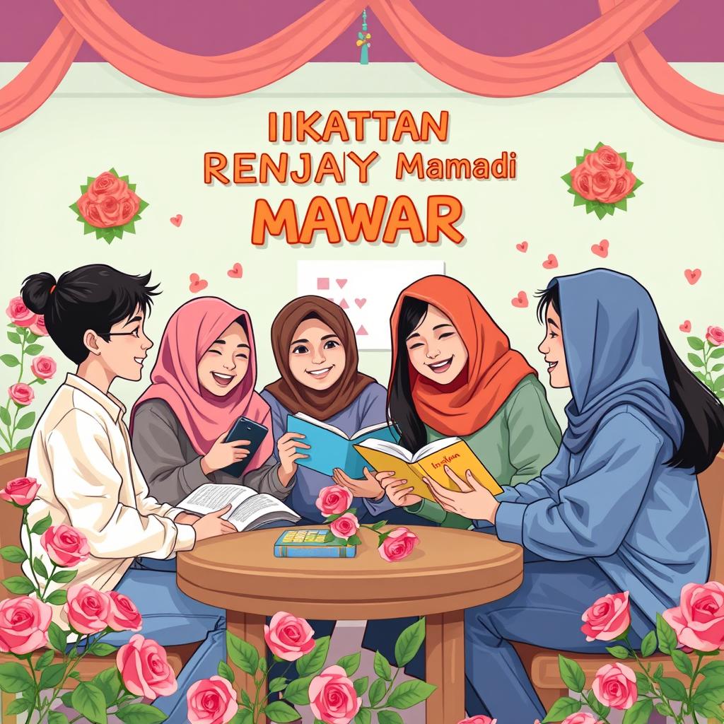 Create an image depicting a group of teenagers in a club called 'Ikatan Remaja Mawar'