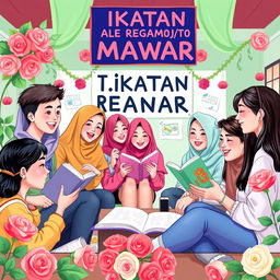 Create an image depicting a group of teenagers in a club called 'Ikatan Remaja Mawar'