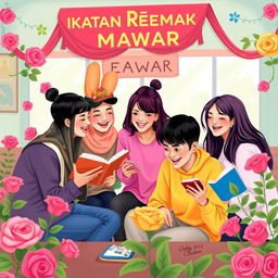 Create an image depicting a group of teenagers in a club called 'Ikatan Remaja Mawar'