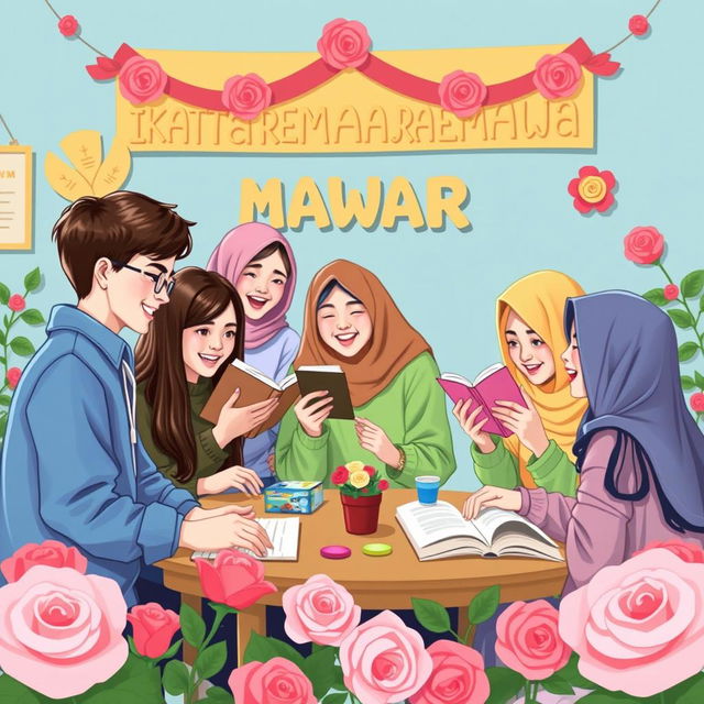 Create an image depicting a group of teenagers in a club called 'Ikatan Remaja Mawar'