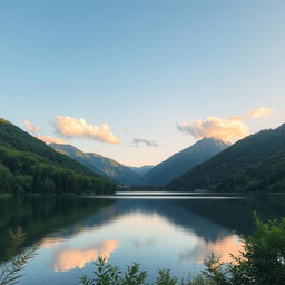 Create an image of a peaceful and serene landscape featuring a calm lake surrounded by lush greenery and mountains in the background