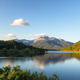 Create an image of a peaceful and serene landscape featuring a calm lake surrounded by lush greenery and mountains in the background