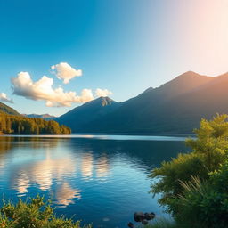 Create an image of a peaceful and serene landscape featuring a calm lake surrounded by lush greenery and mountains in the background