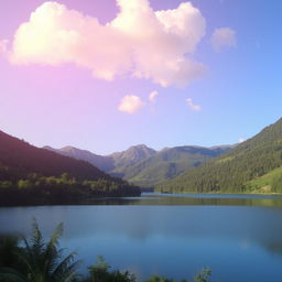 Create an image of a peaceful and serene landscape featuring a calm lake surrounded by lush greenery and mountains in the background