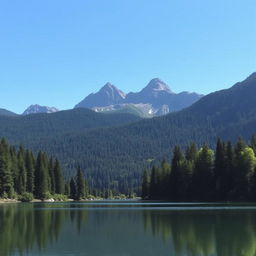 A beautiful landscape featuring a serene lake surrounded by lush forests and majestic mountains in the background under a clear blue sky