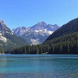 A beautiful landscape featuring a serene lake surrounded by lush forests and majestic mountains in the background under a clear blue sky