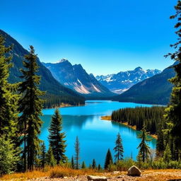 A beautiful landscape featuring a serene lake surrounded by lush forests and majestic mountains in the background under a clear blue sky