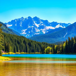 A beautiful landscape featuring a serene lake surrounded by lush forests and majestic mountains in the background under a clear blue sky