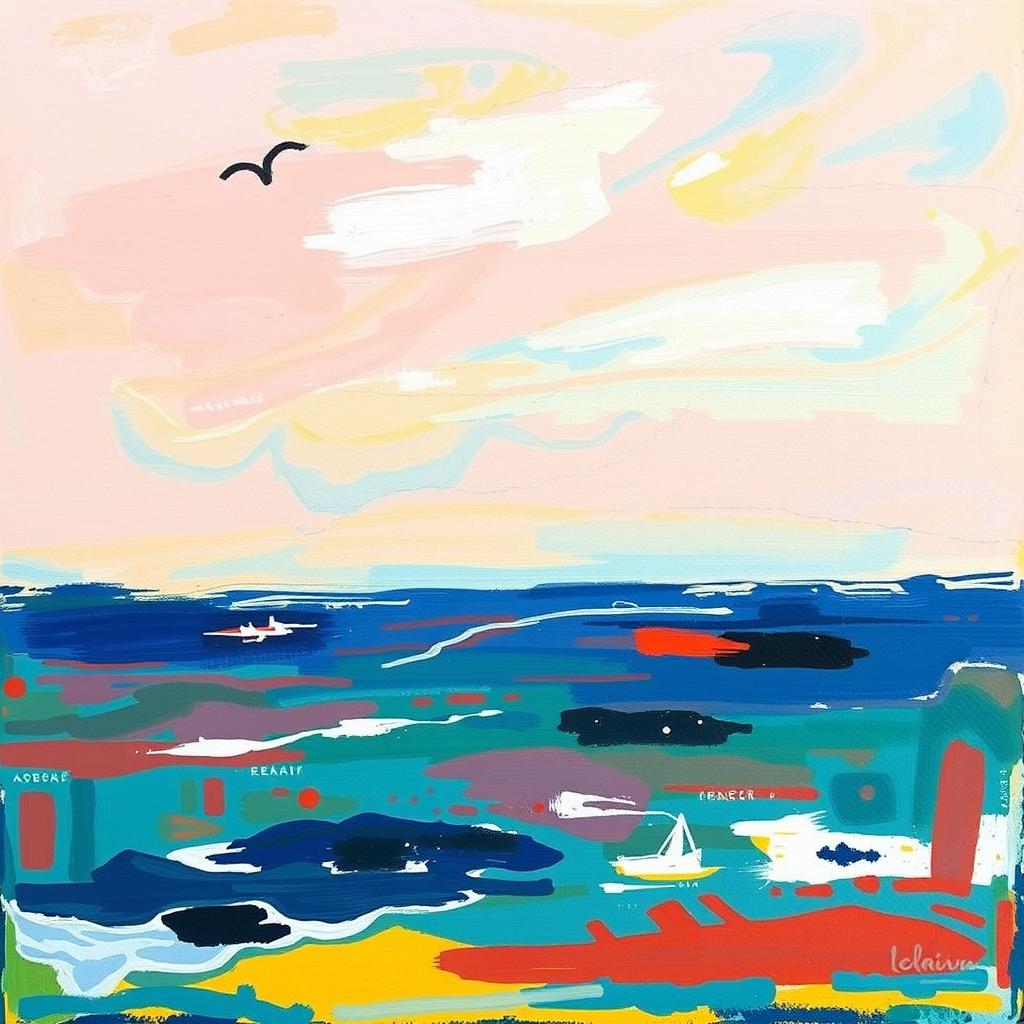 An abstract painting style depiction of a distant sea