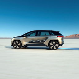 A futuristic electric SUV with three rows of seating driving on a smooth, open plain