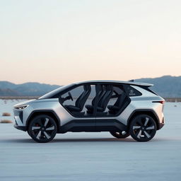 A futuristic electric SUV with three rows of seating driving on a smooth, open plain