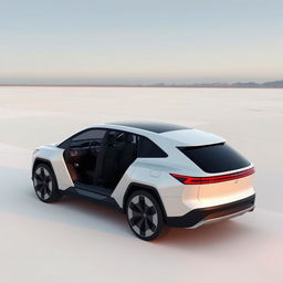 A futuristic electric SUV with three rows of seating driving on a smooth, open plain