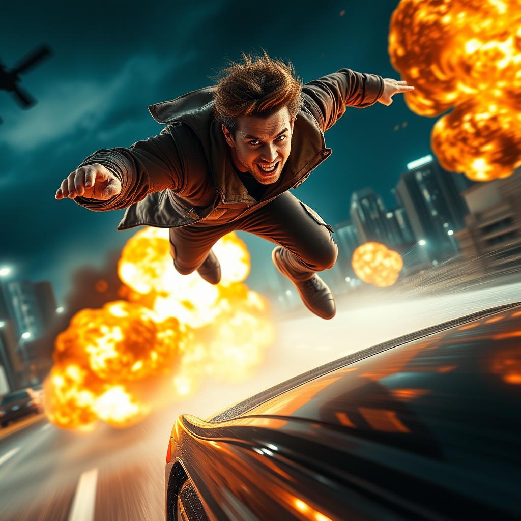 An action movie scene featuring a daring hero leaping from a speeding car, explosions in the background, and a cityscape at night