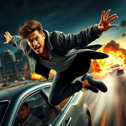 An action movie scene featuring a daring hero leaping from a speeding car, explosions in the background, and a cityscape at night