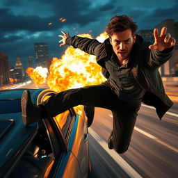 An action movie scene featuring a daring hero leaping from a speeding car, explosions in the background, and a cityscape at night