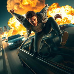 An action movie scene featuring a daring hero leaping from a speeding car, explosions in the background, and a cityscape at night