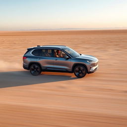 A luxurious, large electric SUV driving on a vast, open plain